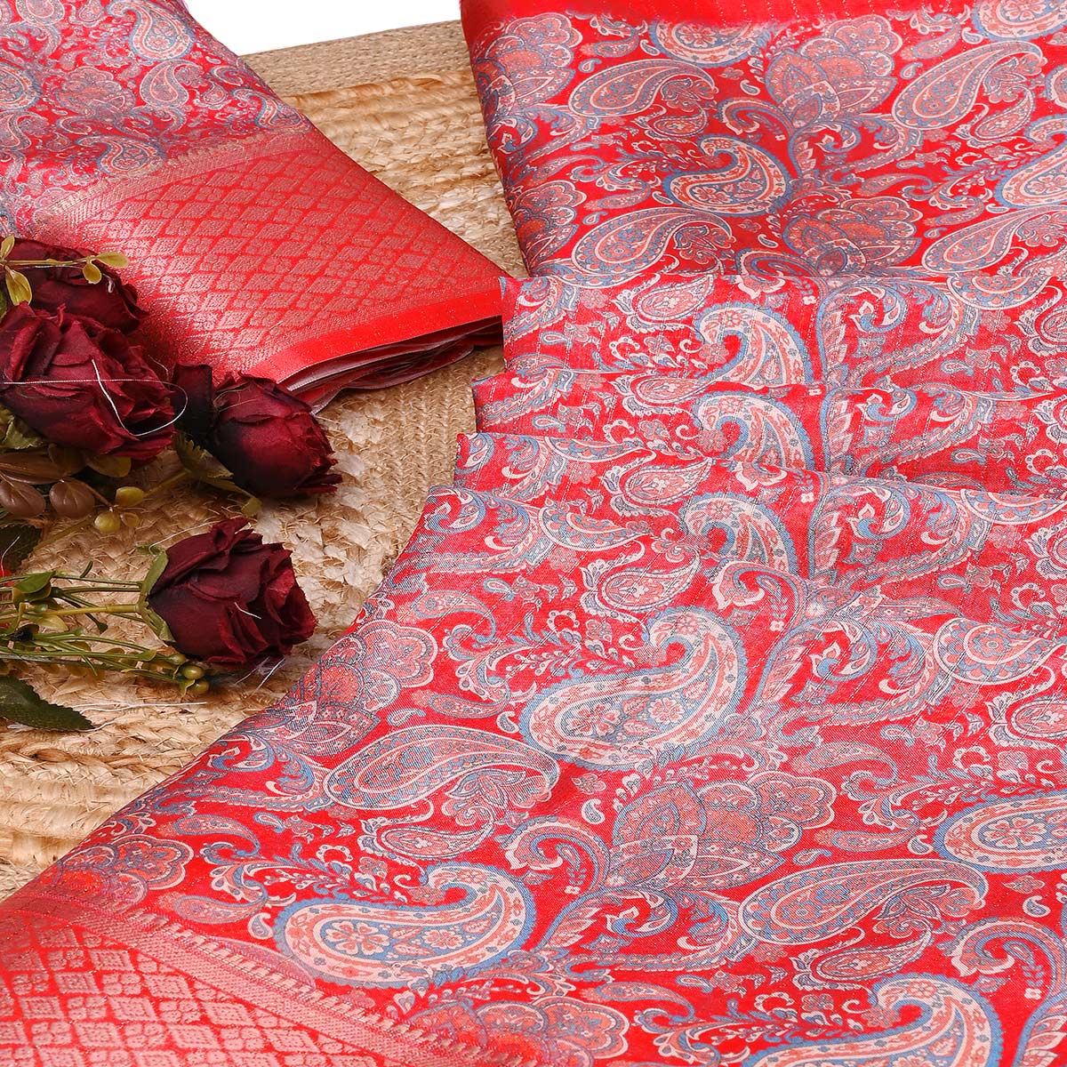 Red Paisley Printed Dola Silk Saree With Elegant Silver Zari & Intricate Weaving Border