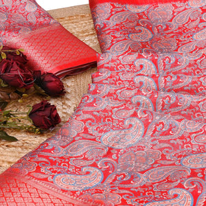 Red Paisley Printed Dola Silk Saree With Elegant Silver Zari & Intricate Weaving Border