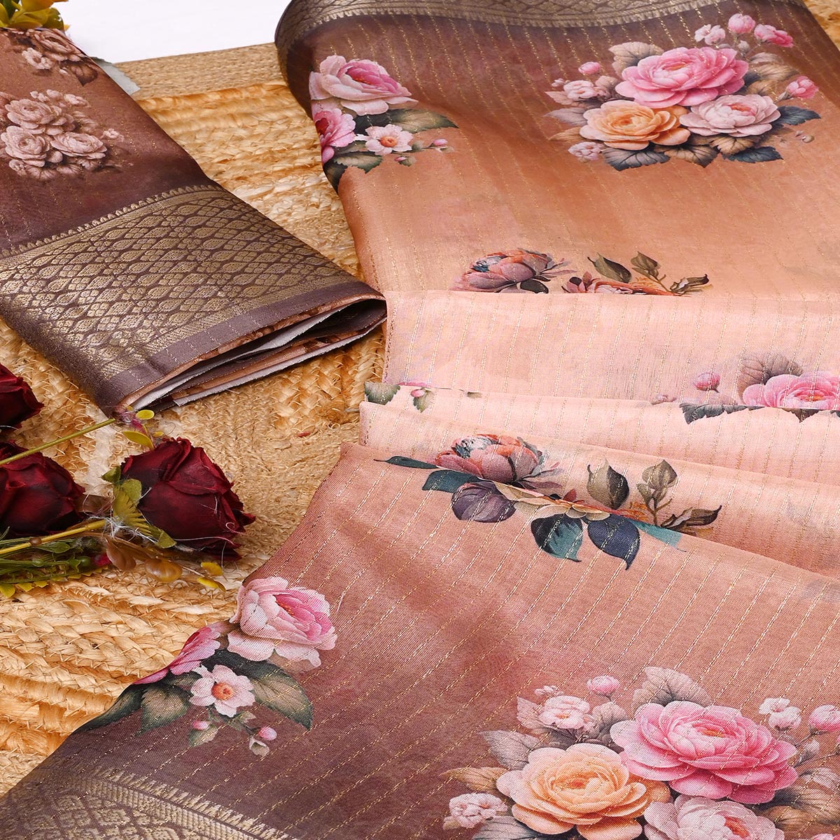 Brown Floral Printed Dola Silk Saree With Elegant Silver Zari & Intricate Weaving Border