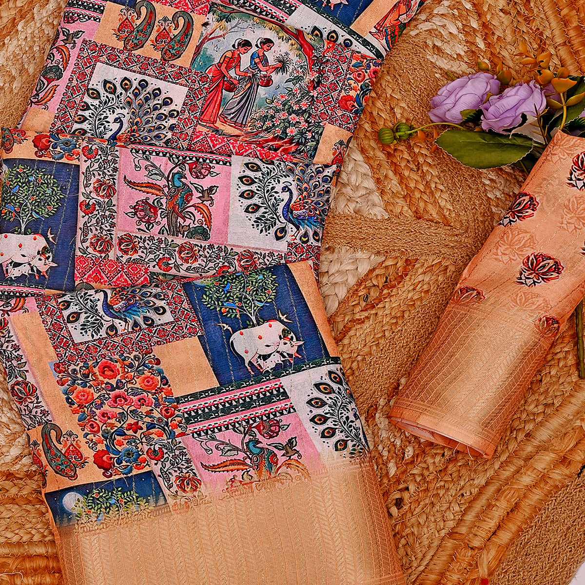 Peach Floral Printed Dola Silk Saree With Elegant Silver Zari & Intricate Weaving Border