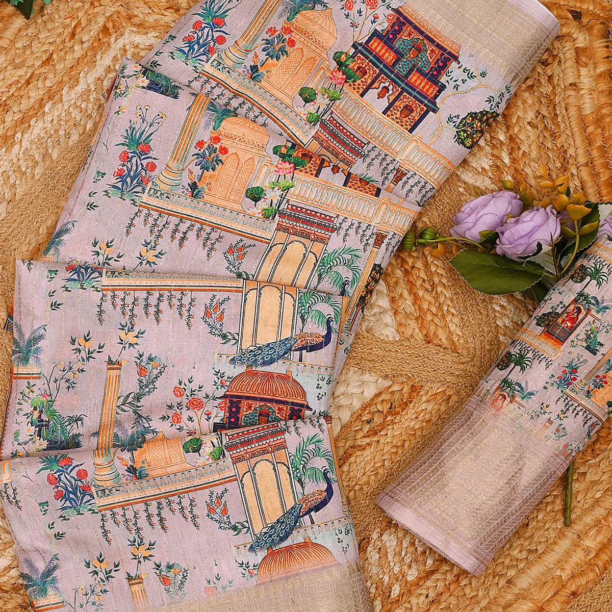 Light Grey Floral Printed Dola Silk Saree With Elegant Silver Zari & Intricate Weaving Border