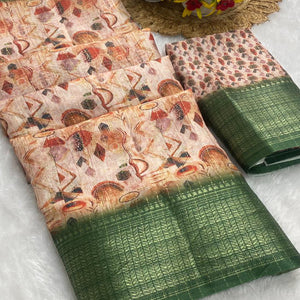 Beige Floral Printed Dola Silk Saree With Elegant Silver Zari & Intricate Weaving Border