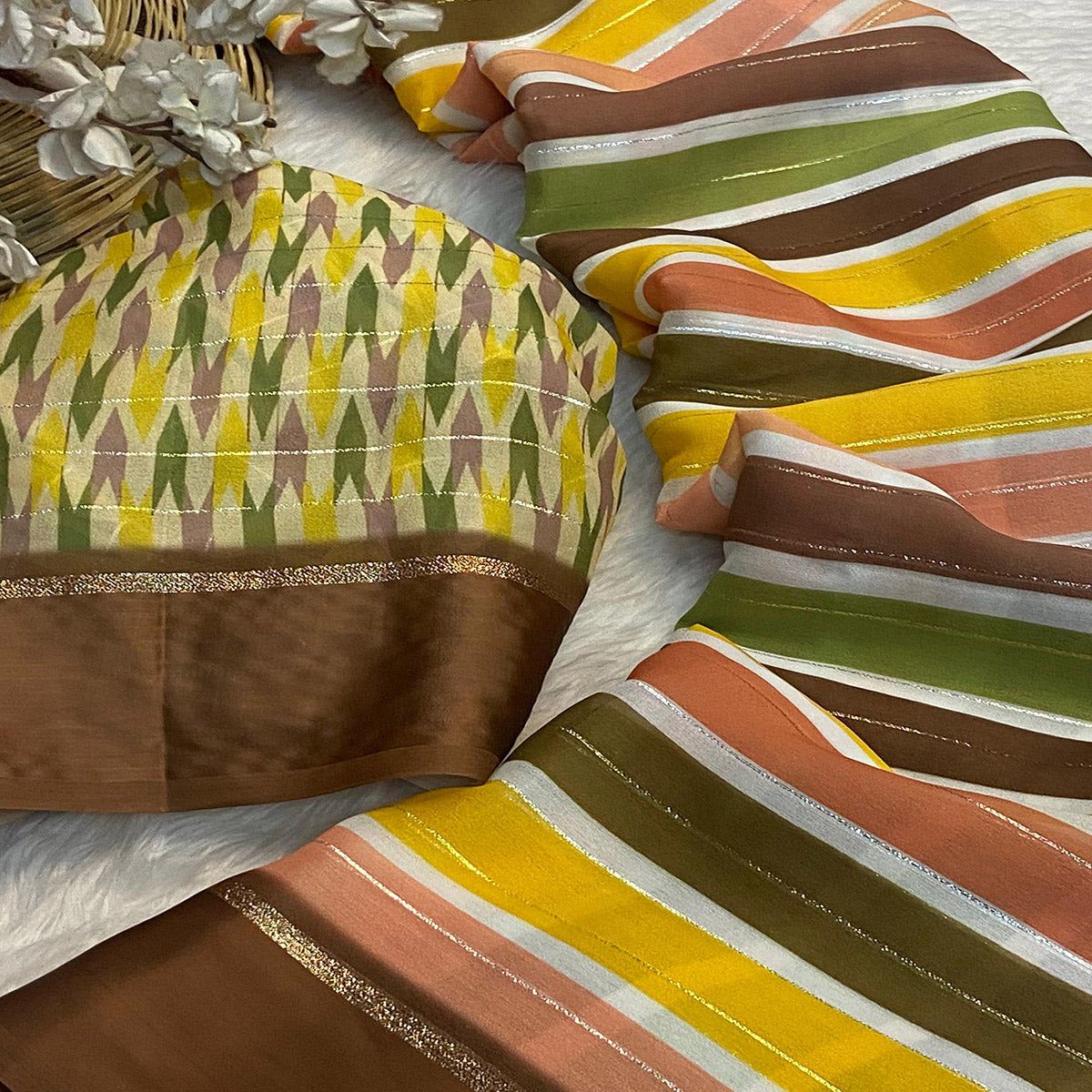 Multicolor Zari Weaving With Printed Chiffon Saree