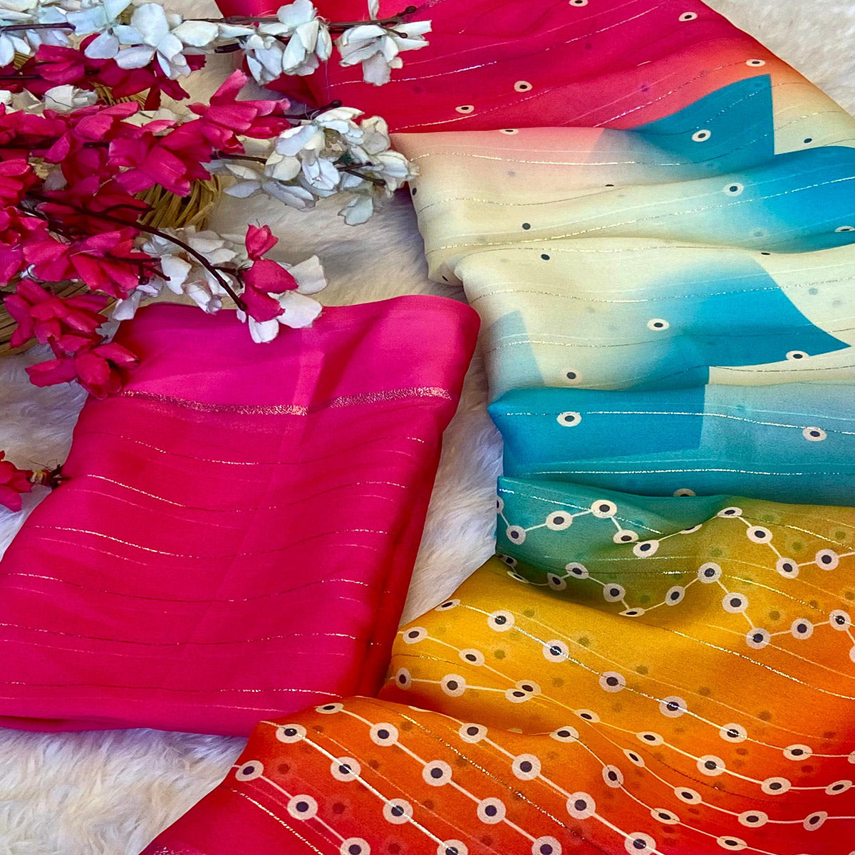 Multicolor Zari Weaving With Printed Chiffon Saree