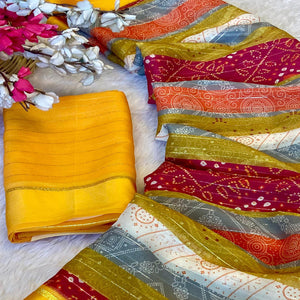 Multicolor Zari Weaving With Printed Chiffon Saree