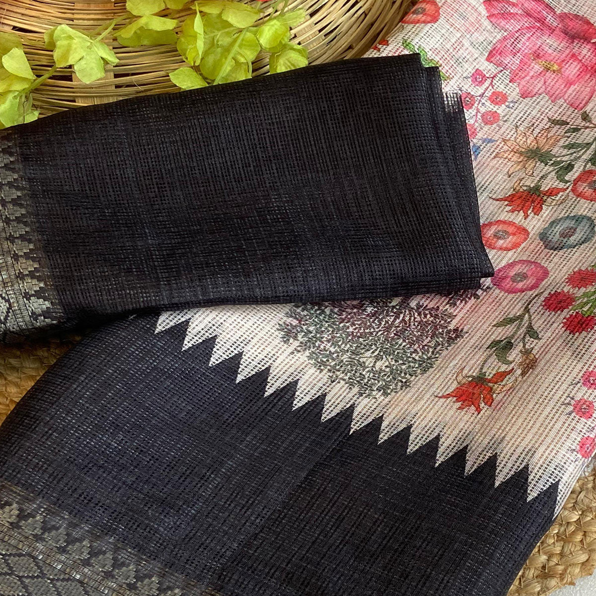 White & Black Floral Printed Kota Doria Saree