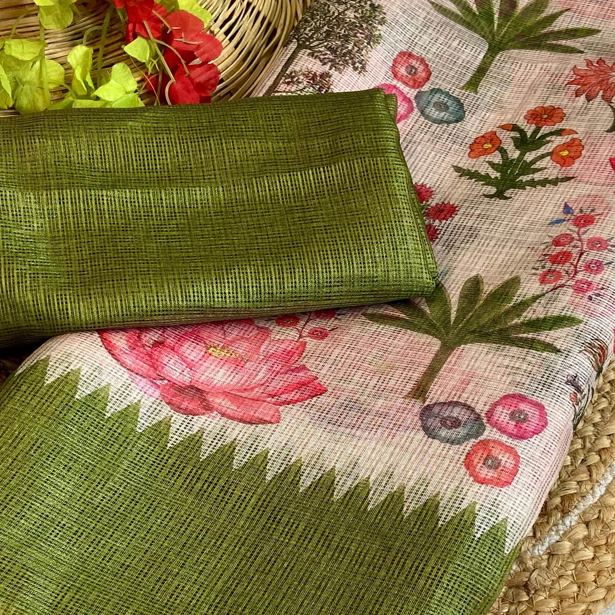 White & Green Floral Printed Kota Doria Saree