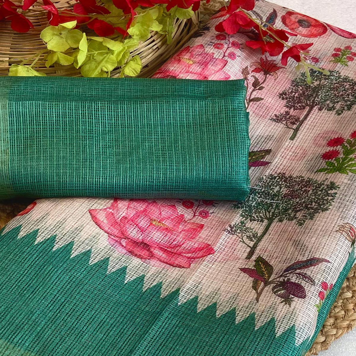 White & Rama Green Floral Printed Kota Doria Saree