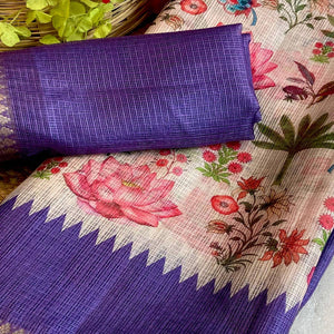 White & Violet Floral Printed Kota Doria Saree