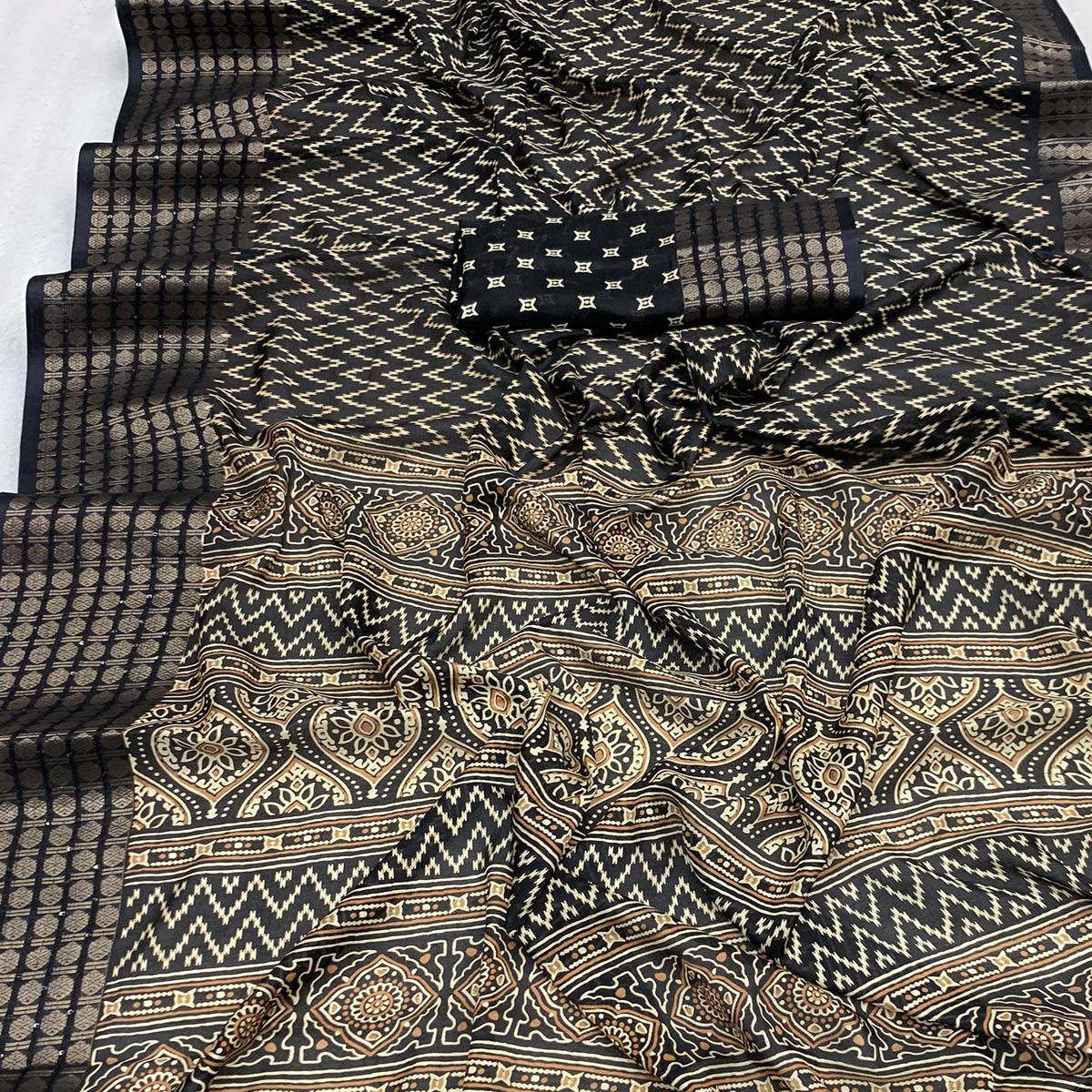 Black Zig-Zag Printed Dola Silk Saree With Zari Border