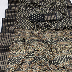 Black Zig-Zag Printed Dola Silk Saree With Zari Border