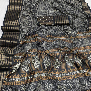 Black Warli Printed Dola Silk Saree With Zari Border