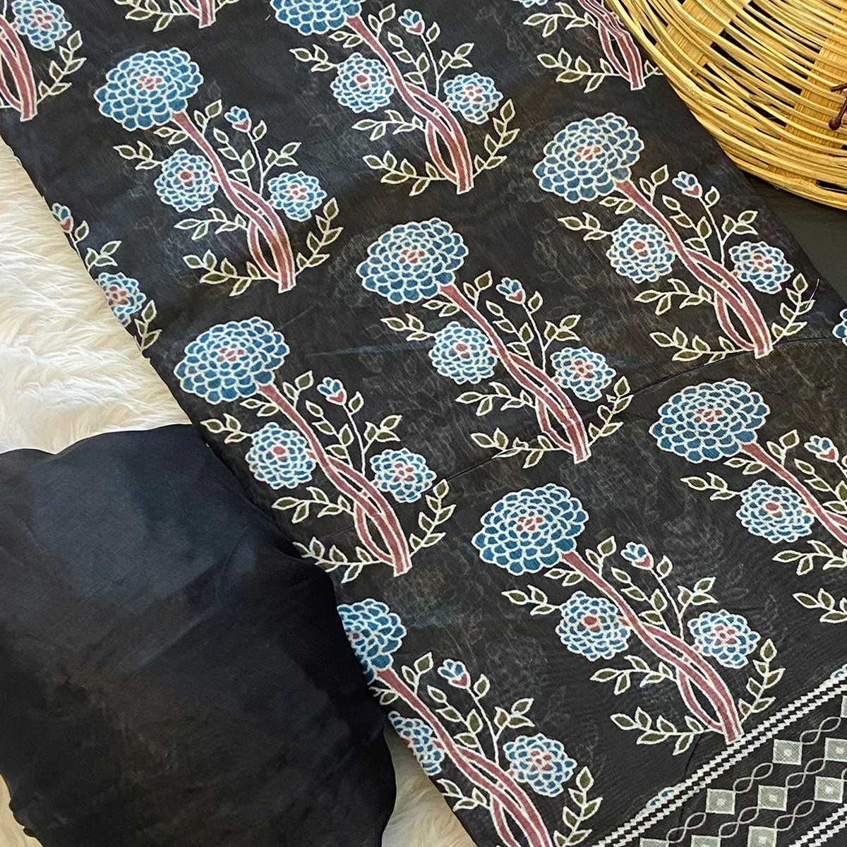 Black Floral Printed Linen Saree With Zari Border