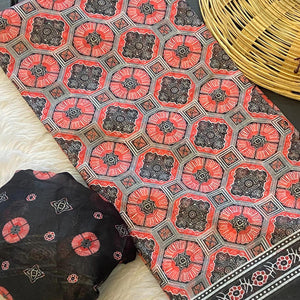 Pink & Black Floral Printed Linen Saree With Zari Border