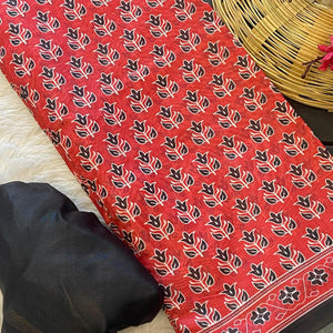 Red Floral Printed Linen Saree With Zari Border