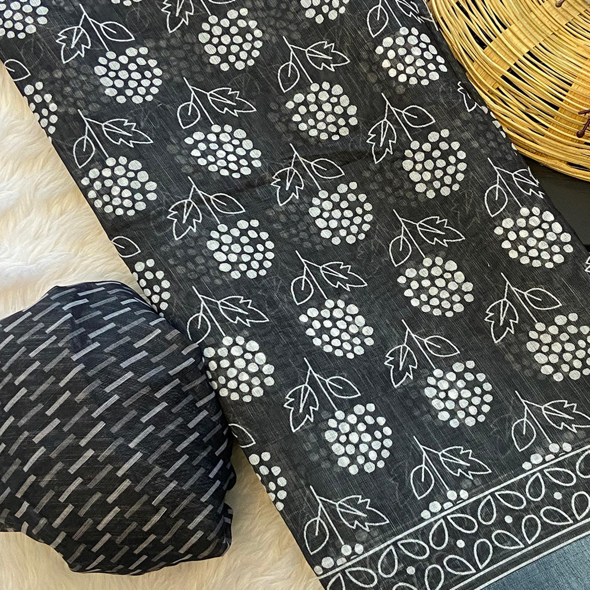 Black Floral Printed Linen Saree With Zari Border