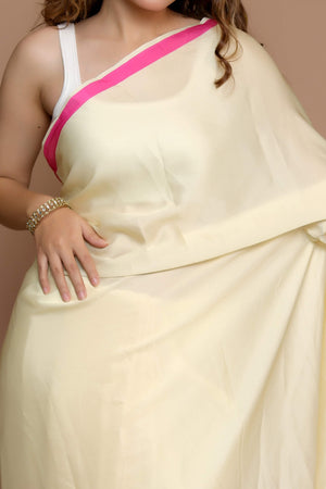 Light Yellow Designer Freehand Saree In Satin Georgette With Striking Digital Print