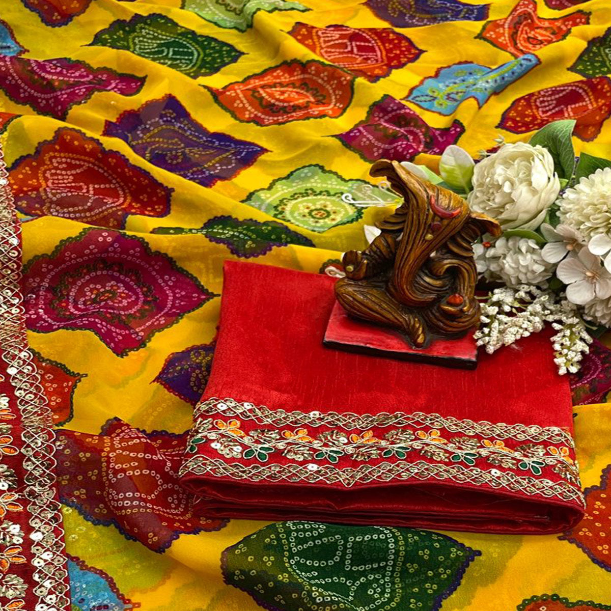 Yellow Leheriya Printed Georgette Saree