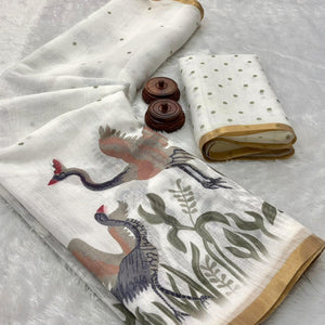 Off White Pure Linen Saree Showcasing Handprinted Patterns and Zari Finish