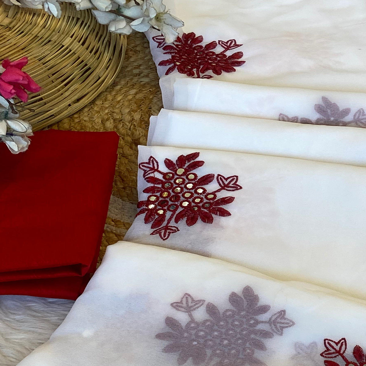 White Floral Embroidered Vichitra Silk Saree