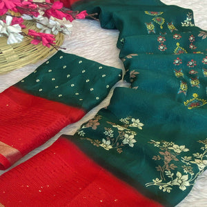 Green Floral Printed Moss Georgette Saree With Elegant Zari & Sequins Border Work