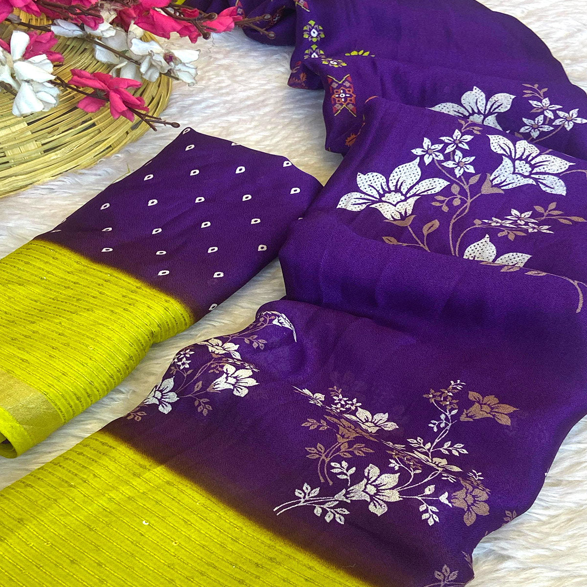 Purple Floral Printed Moss Georgette Saree With Elegant Zari & Sequins Border Work