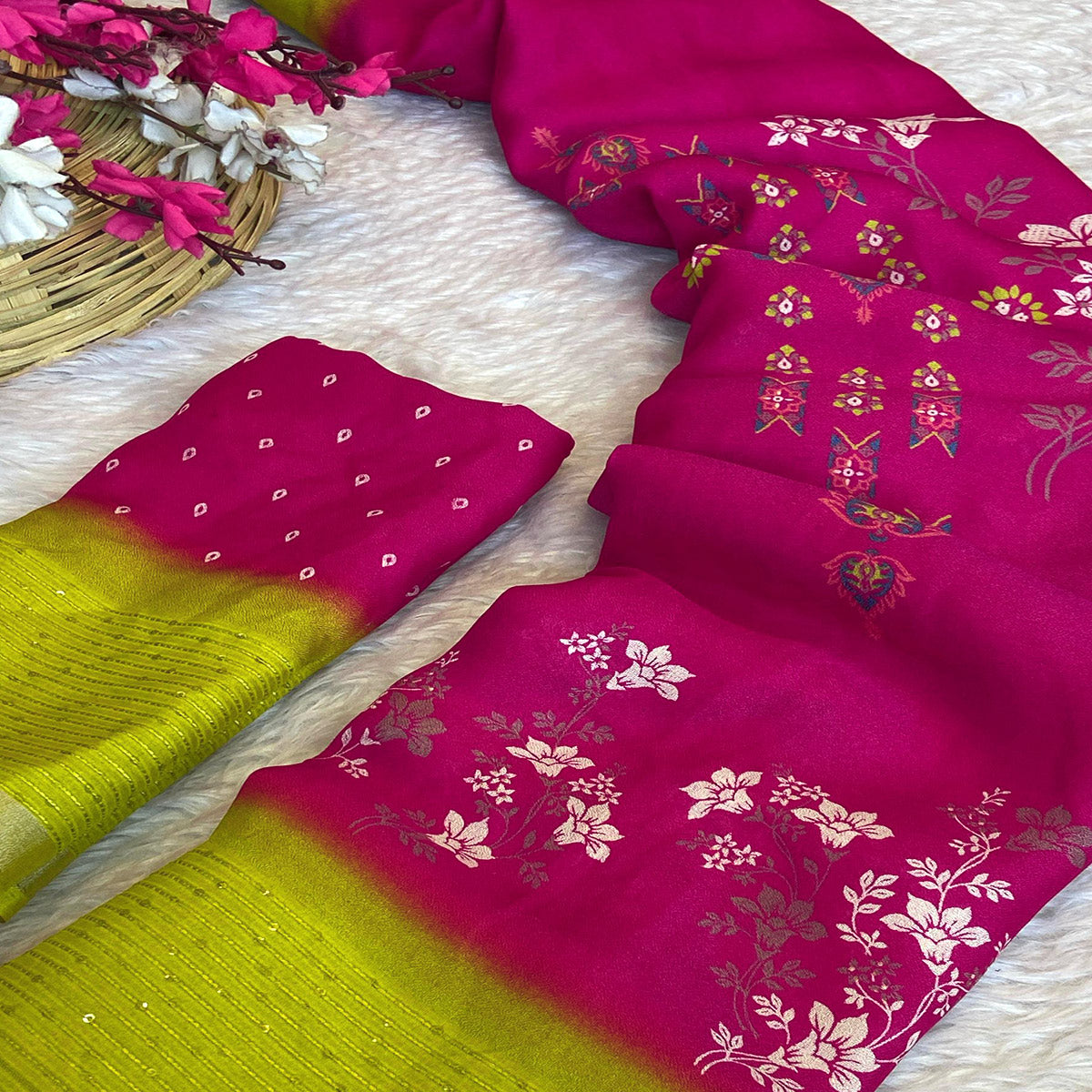 Rani Pink Floral Printed Moss Georgette Saree With Elegant Zari & Sequins Border Work