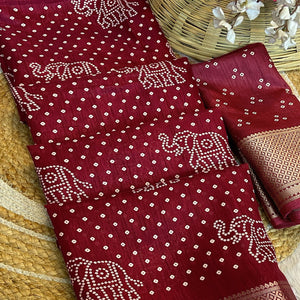Maroon Bandhani Printed Dola Silk Saree With Woven Border