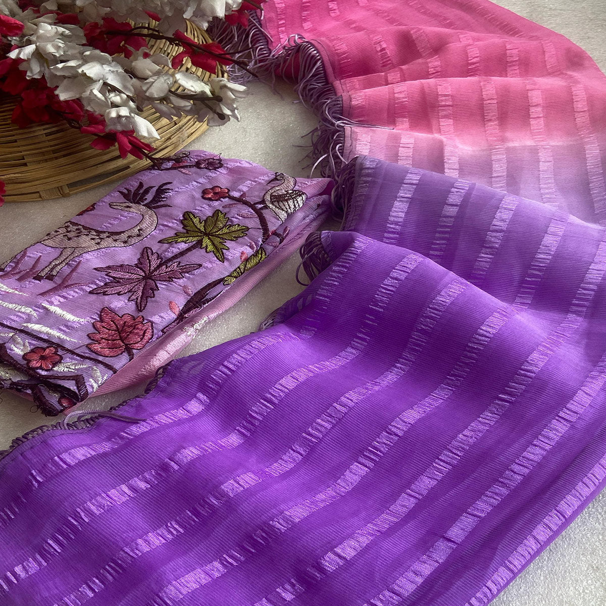 Pink & Purple Ombre Chiffon Saree with Delicate Woven Texture