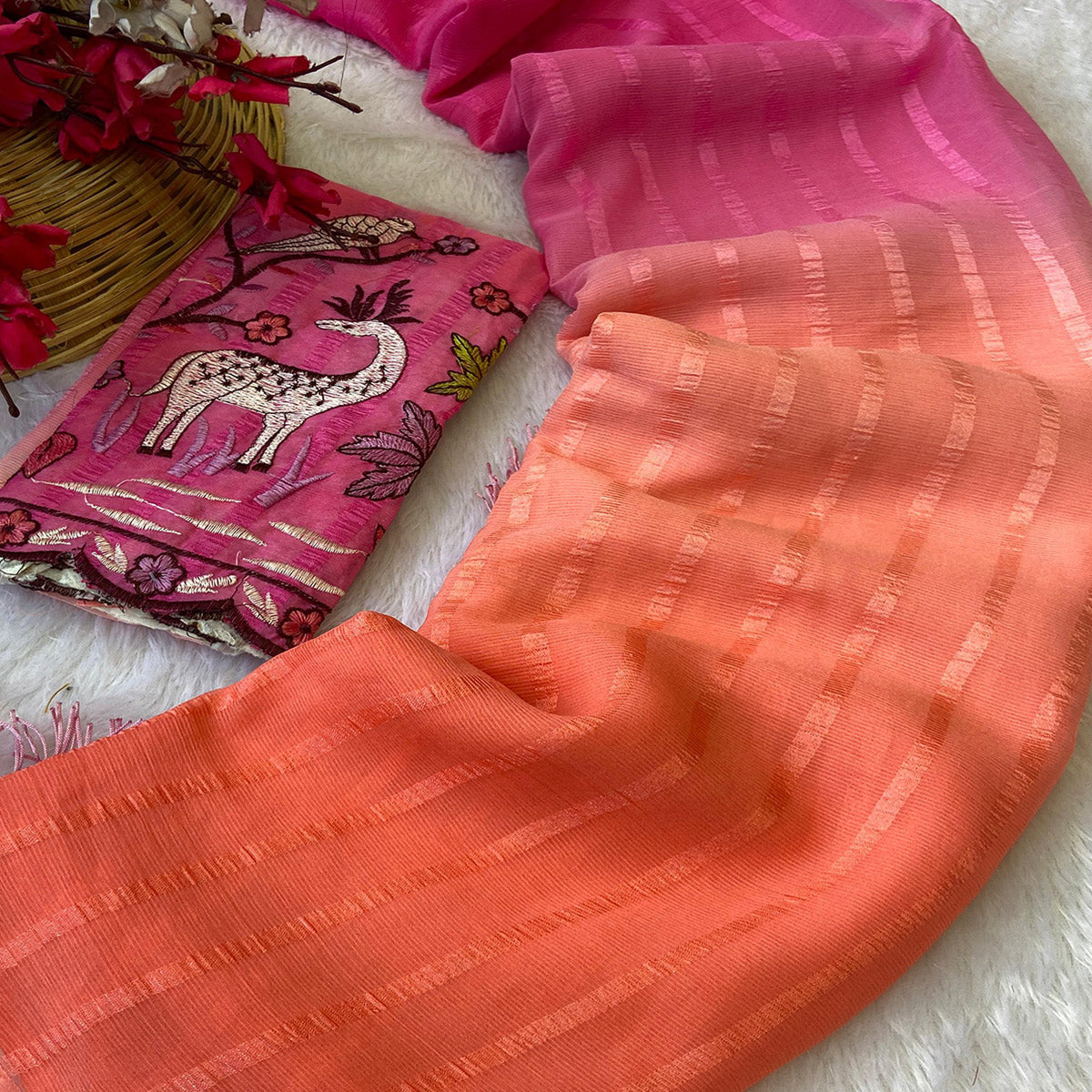 Pink & Orange Ombre Chiffon Saree with Delicate Woven Texture