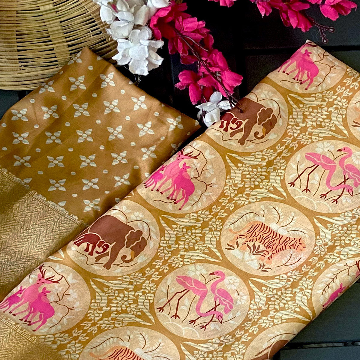Beige Floral Zari Weaving Dola Silk Saree