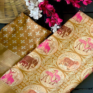 Beige Floral Zari Weaving Dola Silk Saree