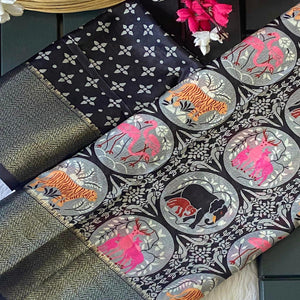 Black Floral Zari Weaving Dola Silk Saree