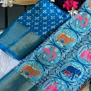 Blue Floral Zari Weaving Dola Silk Saree