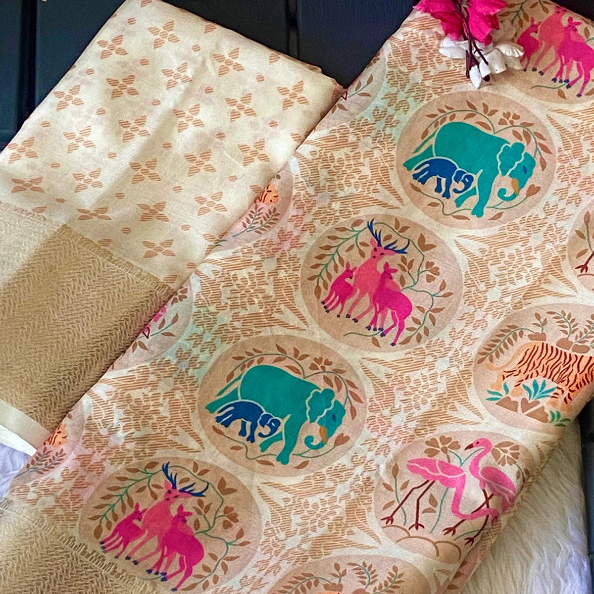 Off White Floral Zari Weaving Dola Silk Saree