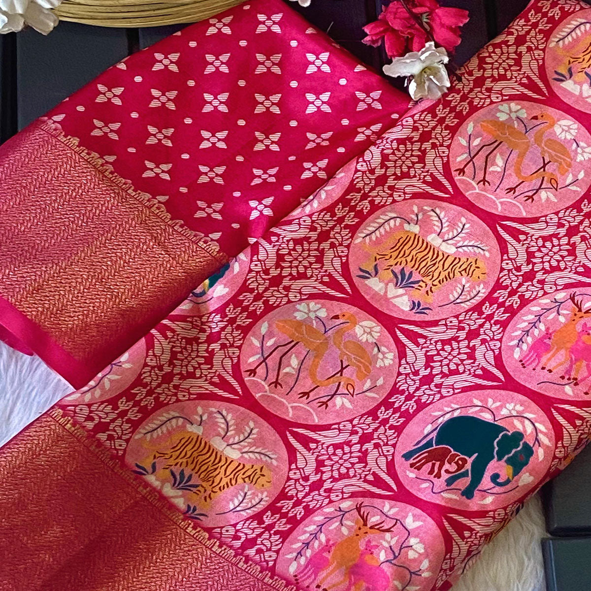 Pink Floral Zari Weaving Dola Silk Saree
