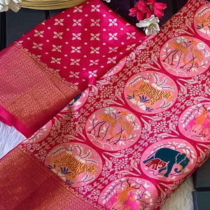 Pink Floral Zari Weaving Dola Silk Saree