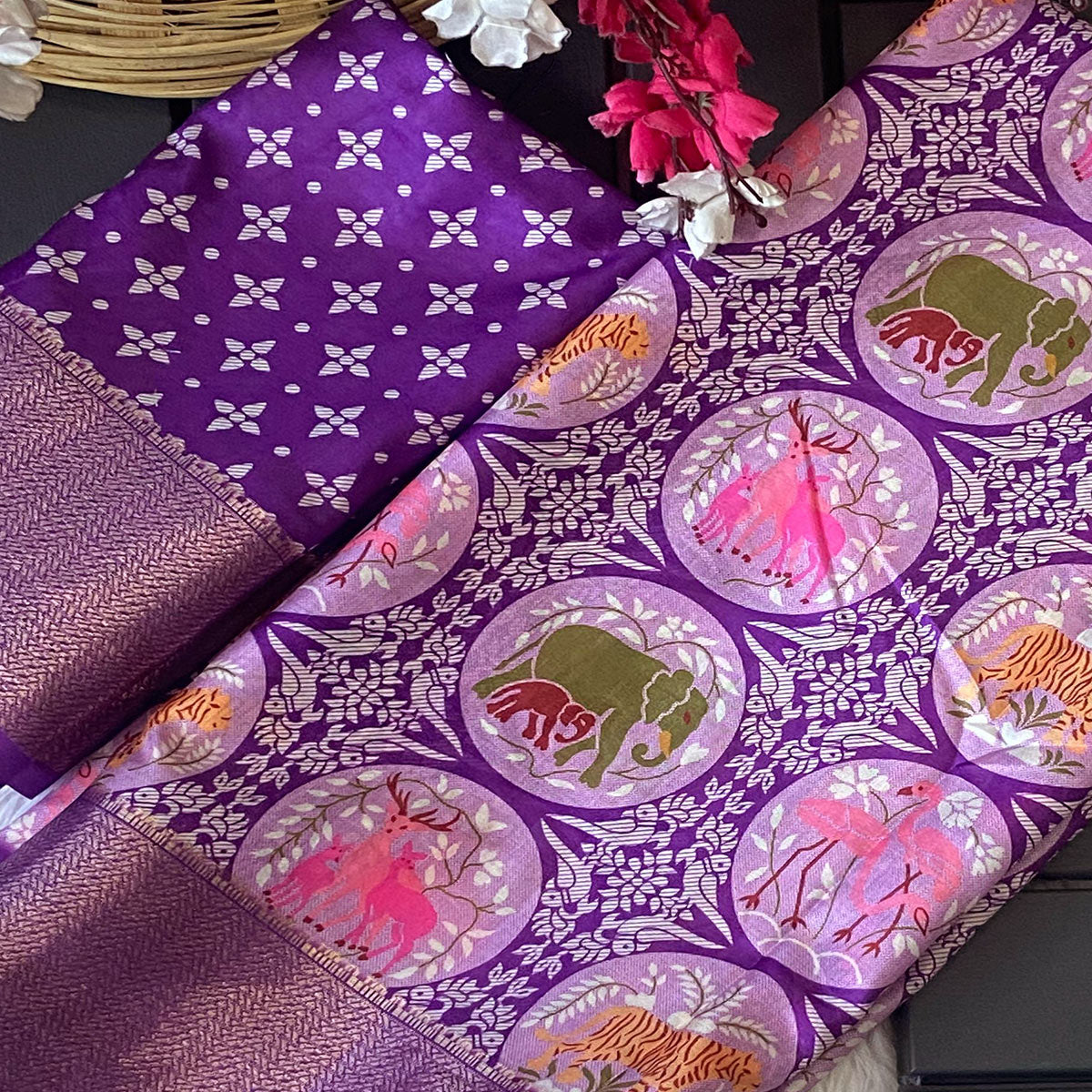 Purple Floral Zari Weaving Dola Silk Saree
