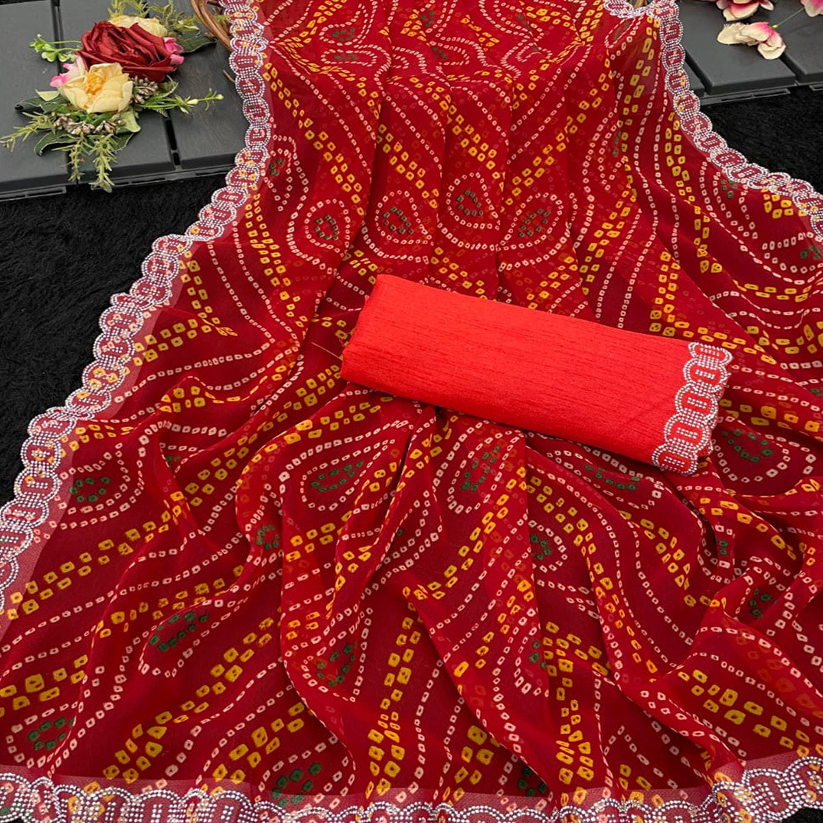 Red Bandhani Printed Georgette Saree With Stone Work Border