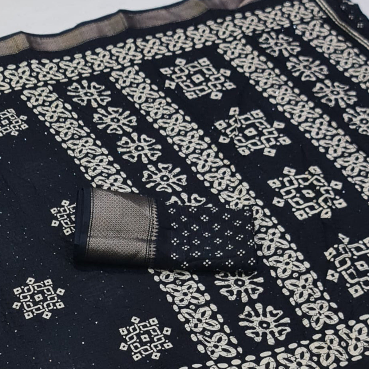 Black Printed With Sequins Work Dola Silk Saree