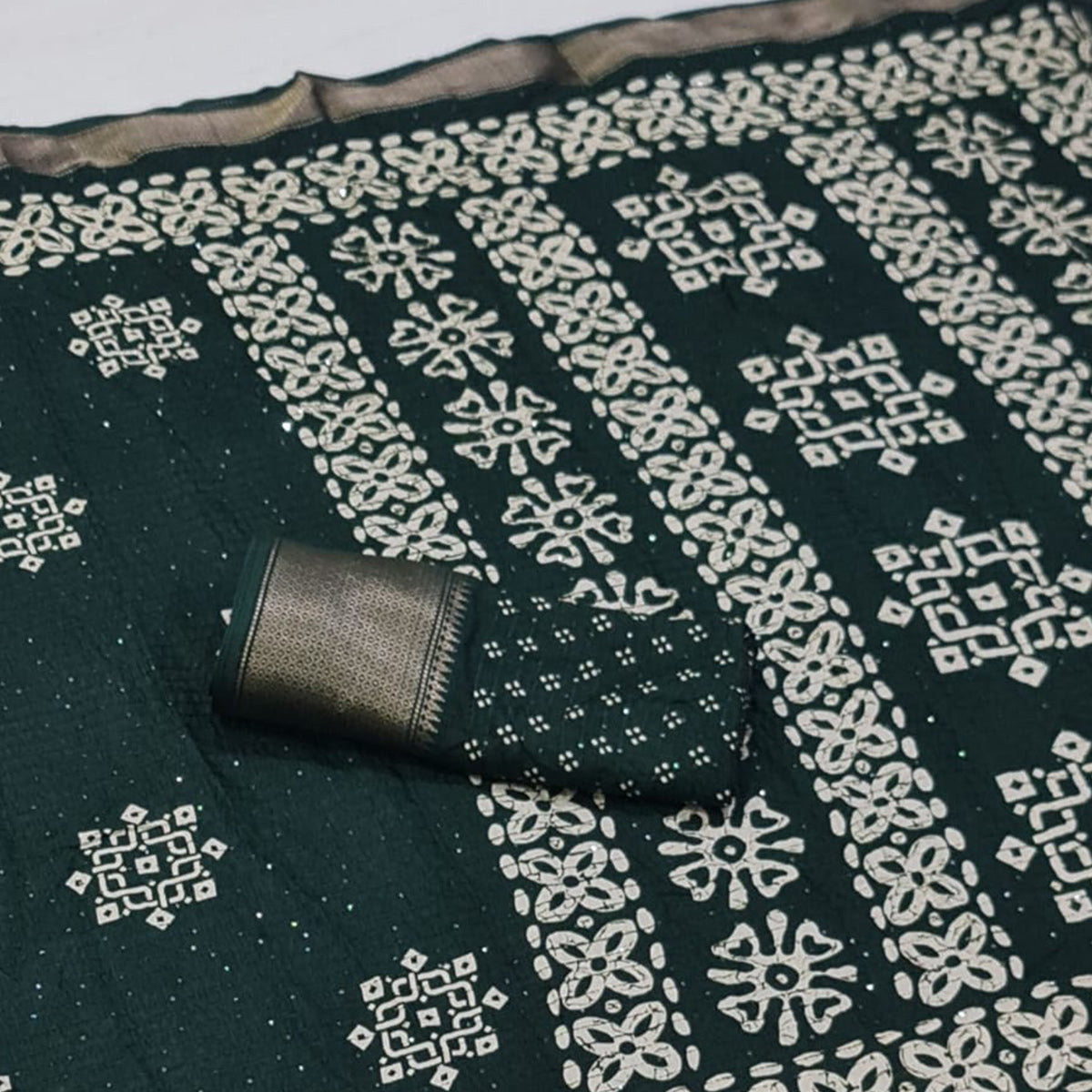 Green Printed With Sequins Work Dola Silk Saree