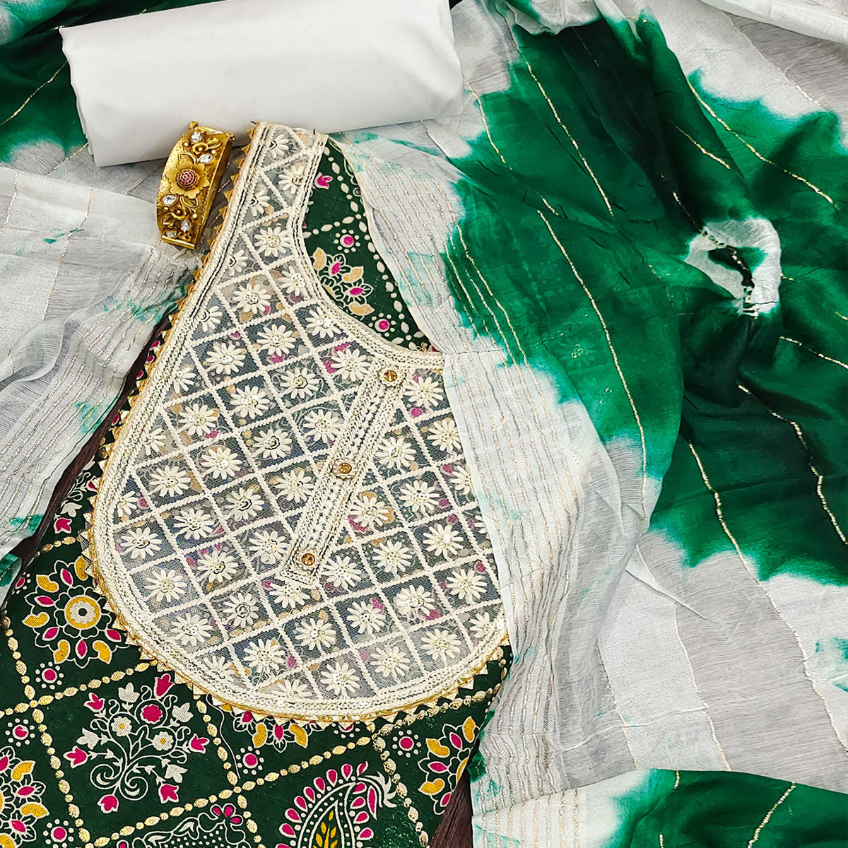 Green Printed With Embroidered Pure Cotton Dress Material