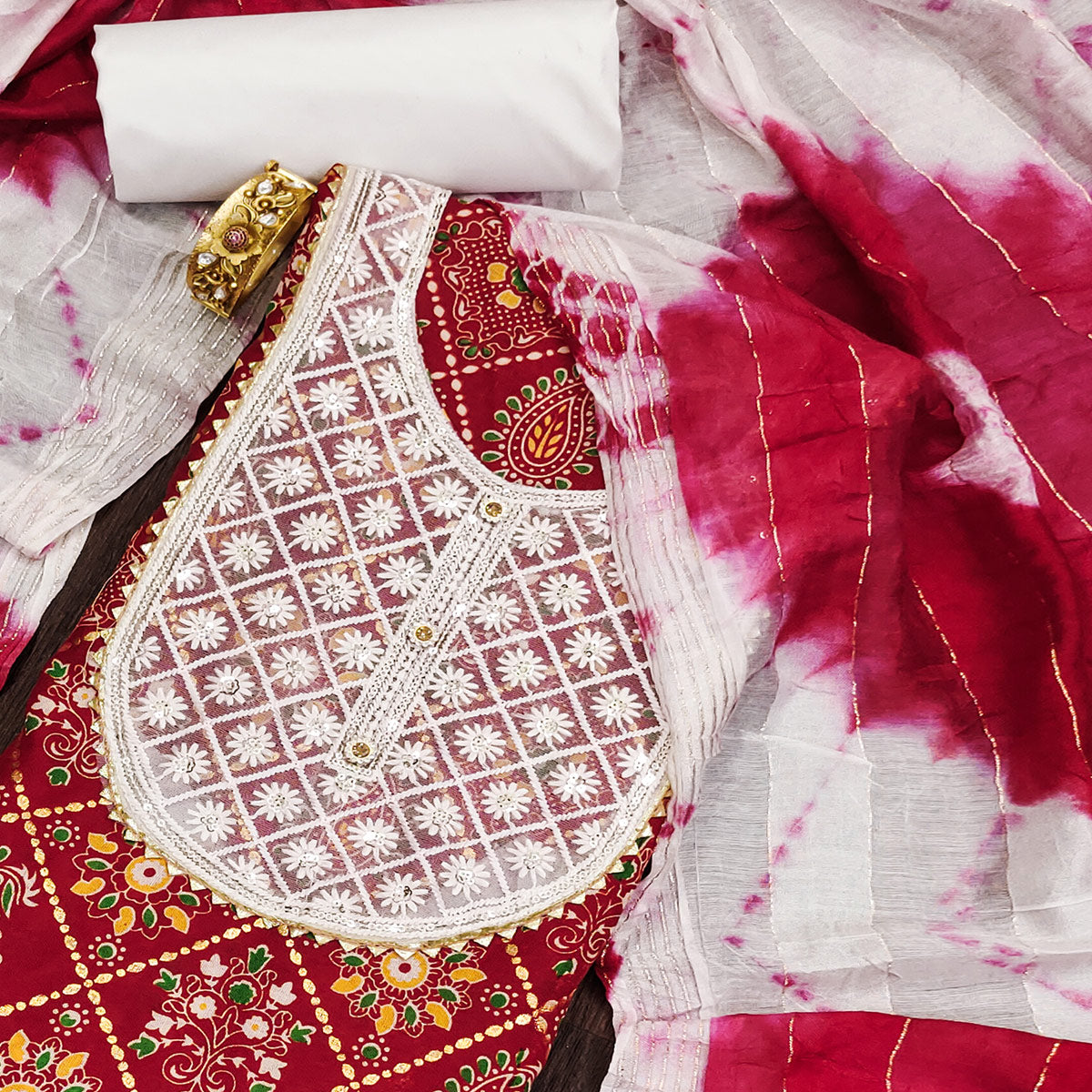 Red Printed With Embroidered Pure Cotton Dress Material