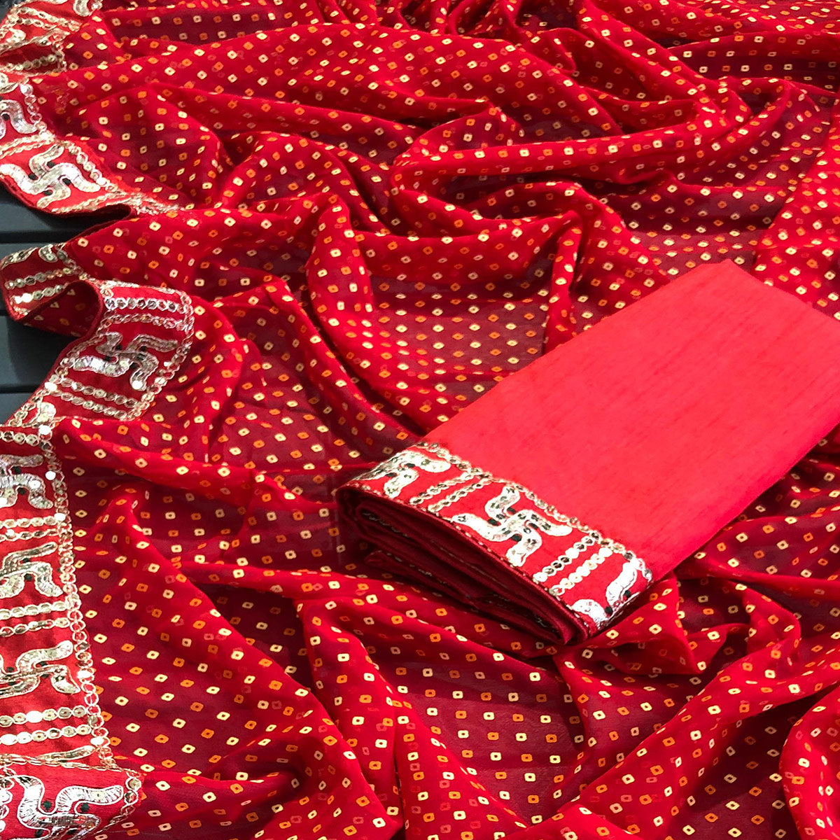 Red Bandhani Printed Georgette Saree
