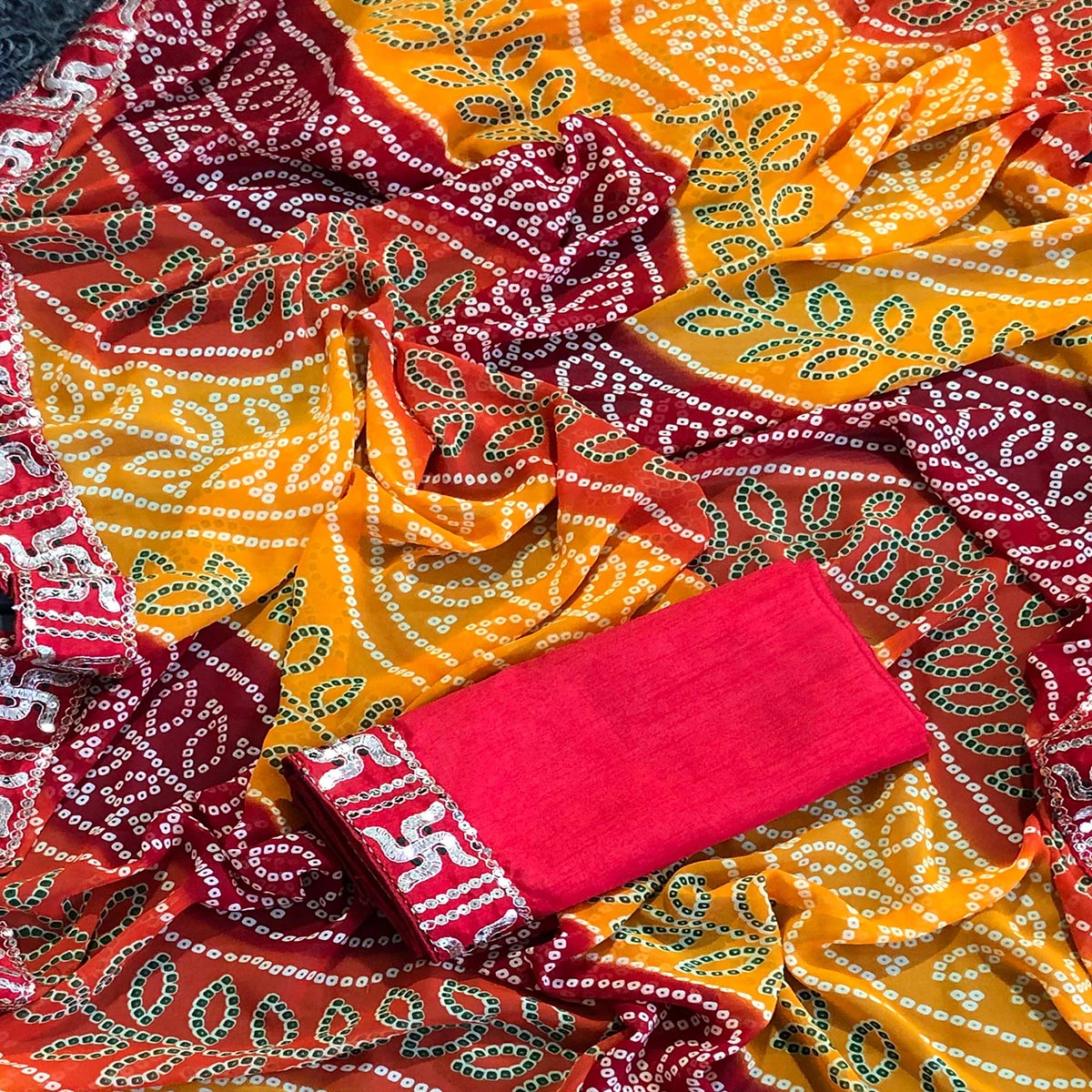 Yellow & Red Bandhani Printed Georgette Saree