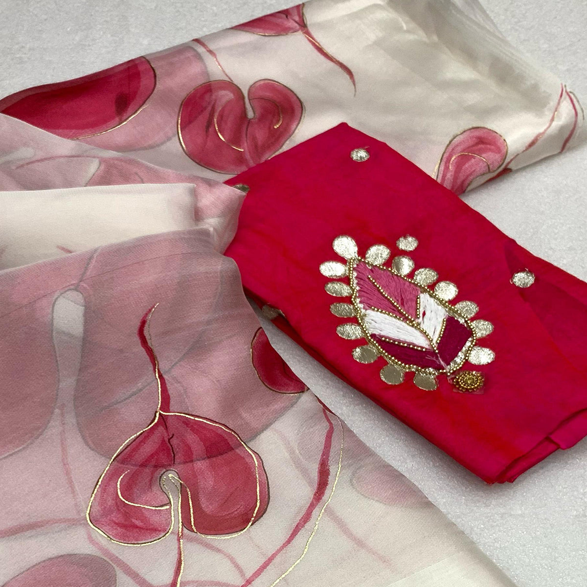 White & Pink Floral Foil Printed Organza Saree