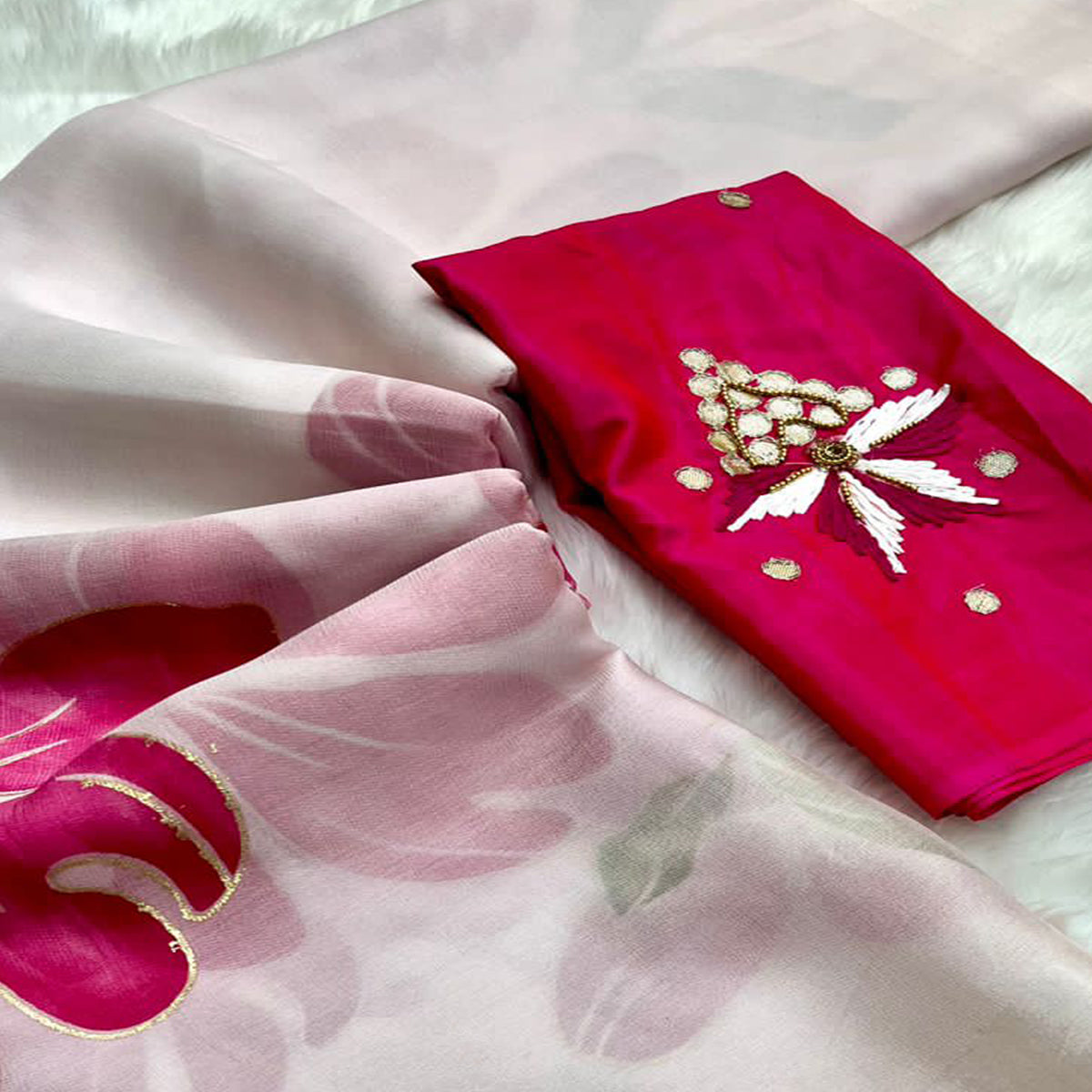 White Floral Foil Printed Organza Saree