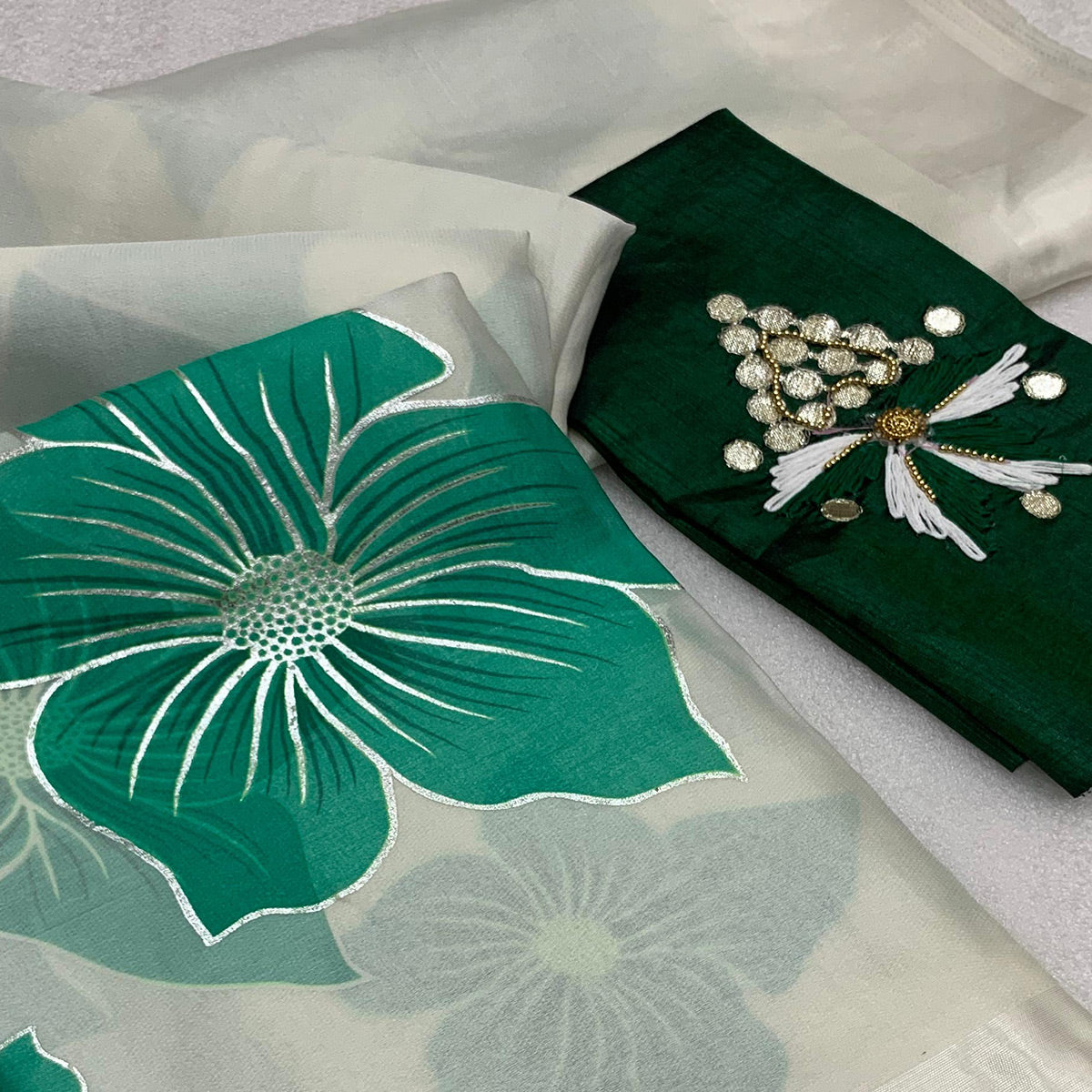 White & Green Floral Foil Printed Organza Saree
