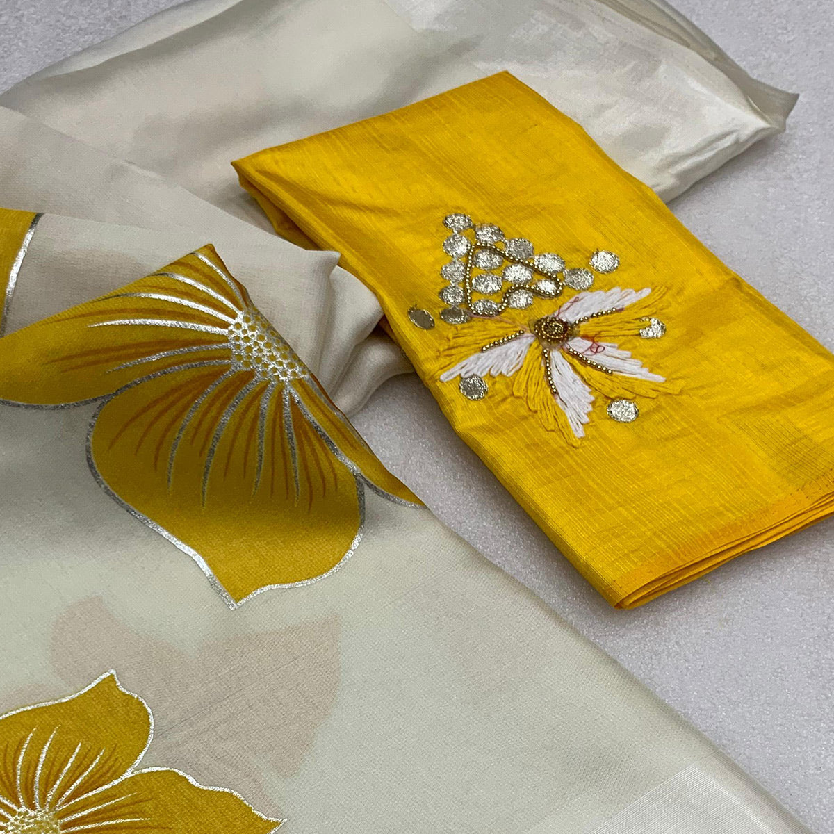 White & Yellow Floral Foil Printed Organza Saree