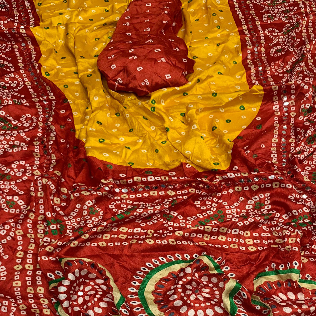 Yellow & Red Bandhani Printed Chiffon Saree With Mirror Border